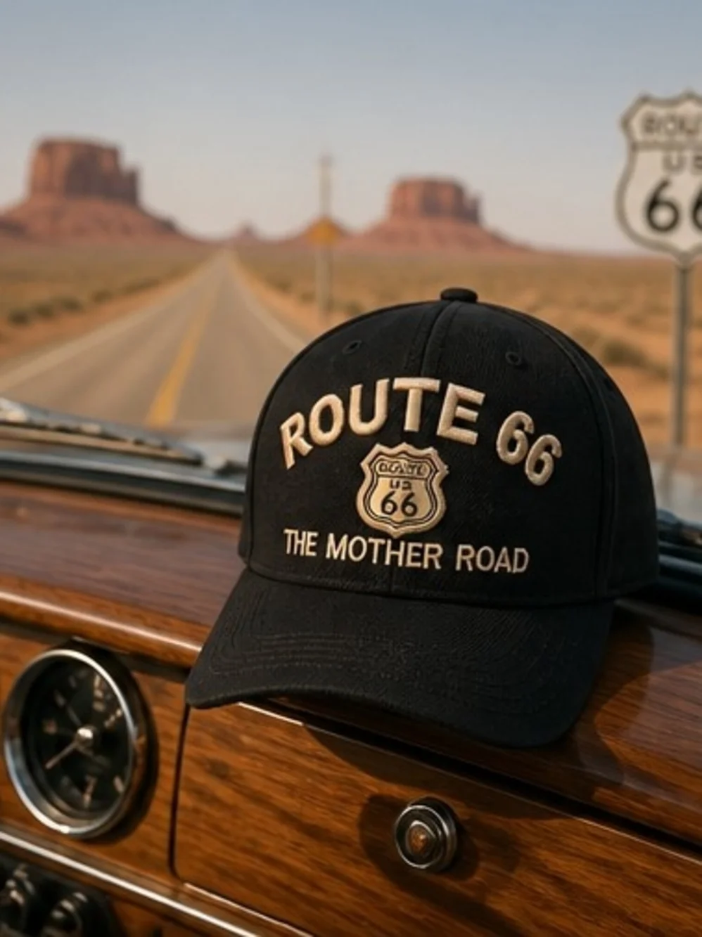 Route 66 Black Embroidered Baseball Cap - The Mother Road